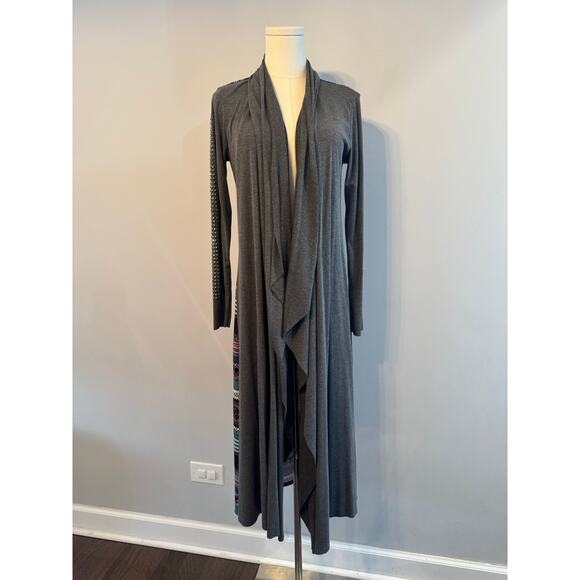 Vocal Long Duster Cardigan Tribal Pattern Back Graphic & Rhinestones  Sz Sm - Picture 2 of 7